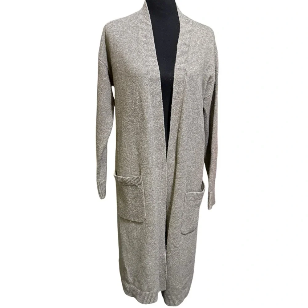 Loft Tan Knit Duster Long Open‎ Front Cardigan Sweater Pockets Size M Minimalist